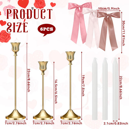 JarThenaAMCS 6Pcs Candle Stick Holders with Candles Satin Ribbon Bows Gold Metal Taper Candle Holders for Bride Shower Wedding Party Fireplace Table Centerpiece Decor