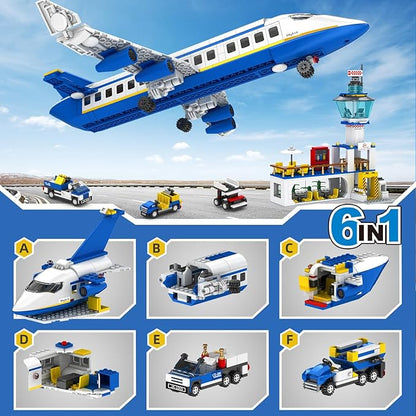 City Passenger Airplane Building Set 886 Pcs STEM 6 in 1 Airport Passenger Plane Building Block Toy with Terminal Shuttle BusLuggage CartChristmas Birthday Gifts for Boys Girls Ages 6-12+