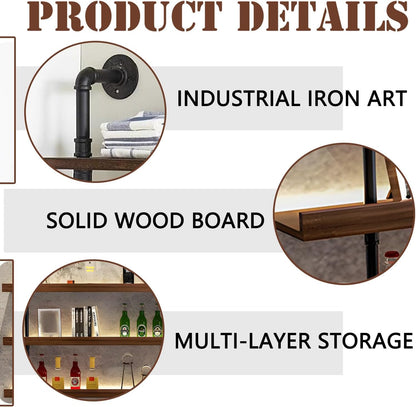 Dawselod Solid Wood Wine Racks Wall Mounted with LED Lights, Metal Wine Bottles Display Shelf, Industrial Floating Lighted Bar Shelves Liquor Rack for Home & Dining Room (120cm/47.2in)