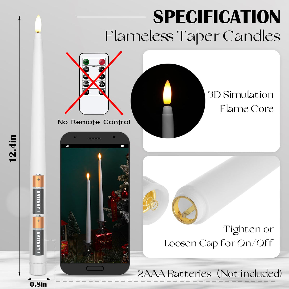 Baquler 50 Pcs Extra Long Flameless Taper Candles 12.4 inch Battery Operated Taper Candle Bulk LED Flickering White Candlesticks for Wedding Church Table Centerpiece Halloween Christmas Party Decor