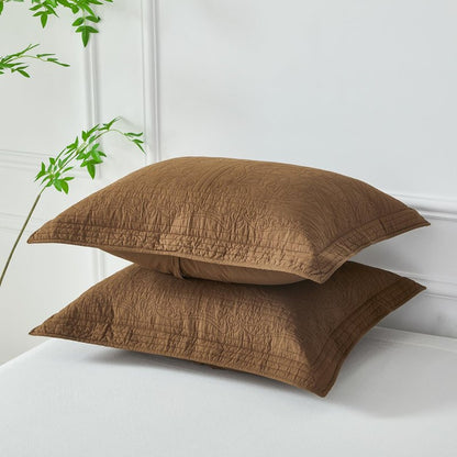 WINLIFE 100% Cotton Quilted Pillow Sham Floral Printed Pillow Cover Set of 2 (Standard Size, Coffee)