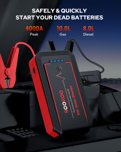 BOOKOO Car Battery Jump Starter 4500A,Portable Car Jump Starter for Upto 10L Gas and 8L Diesel Engines,12V Jump Box with Jumper Cables,USB QC3.0,128W DC,LED Light