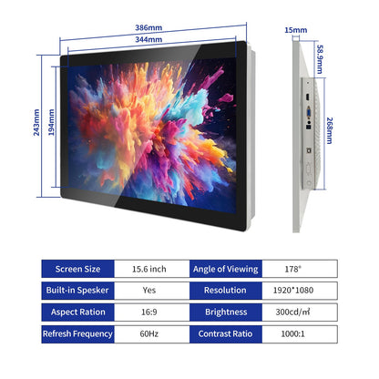 Tokigns 15.6 Inch Capacitive Multi-Touch Screen Industrial Monitor, 16:9 FHD Display 1920 x 1080P, Built-in Speakers, USB, VGA& HD Ports, Digital Signage Displays and Player for Advertising