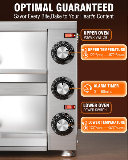 PYY Commercial Pizza Oven -12 Inch Double Decker Pizza Ovens 2-Layers Countertop Pizza Cooker Electric Indoor with Timer Stainless Steel Pizza Maker for Party Restaurant Home, Silver