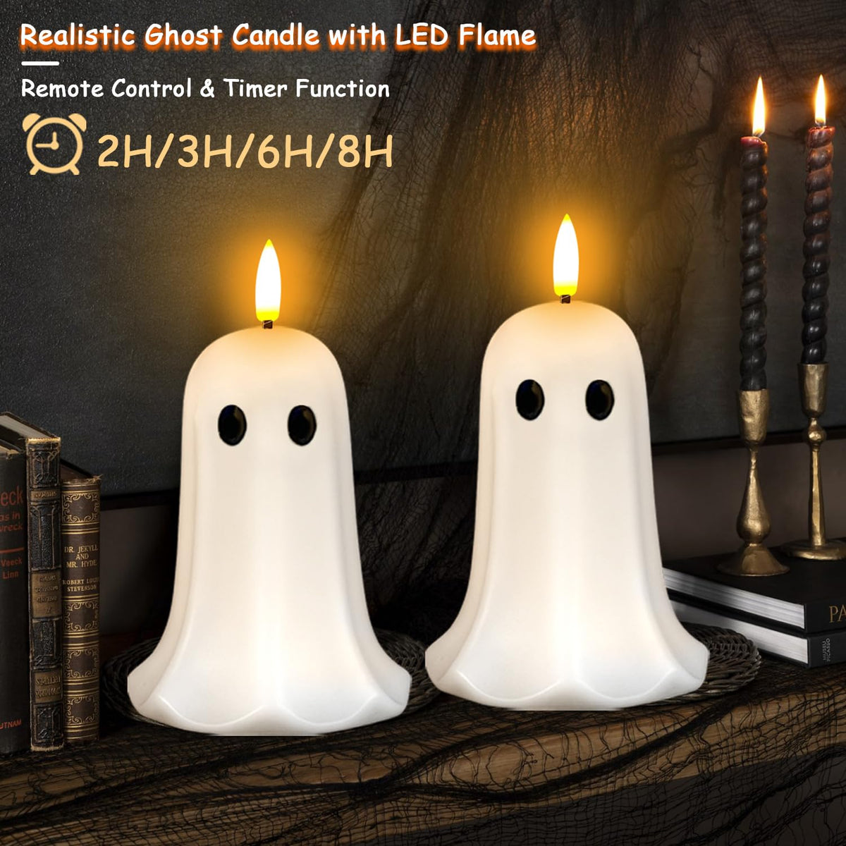 ilifemate Halloween Ghost Candle Lights 2 Pack with Remote, Battery Operated LED Flameless Candle Ghosts with Timer, Spooky Halloween Decorations for Indoor Outdoor Table, Mantel & Party Decor
