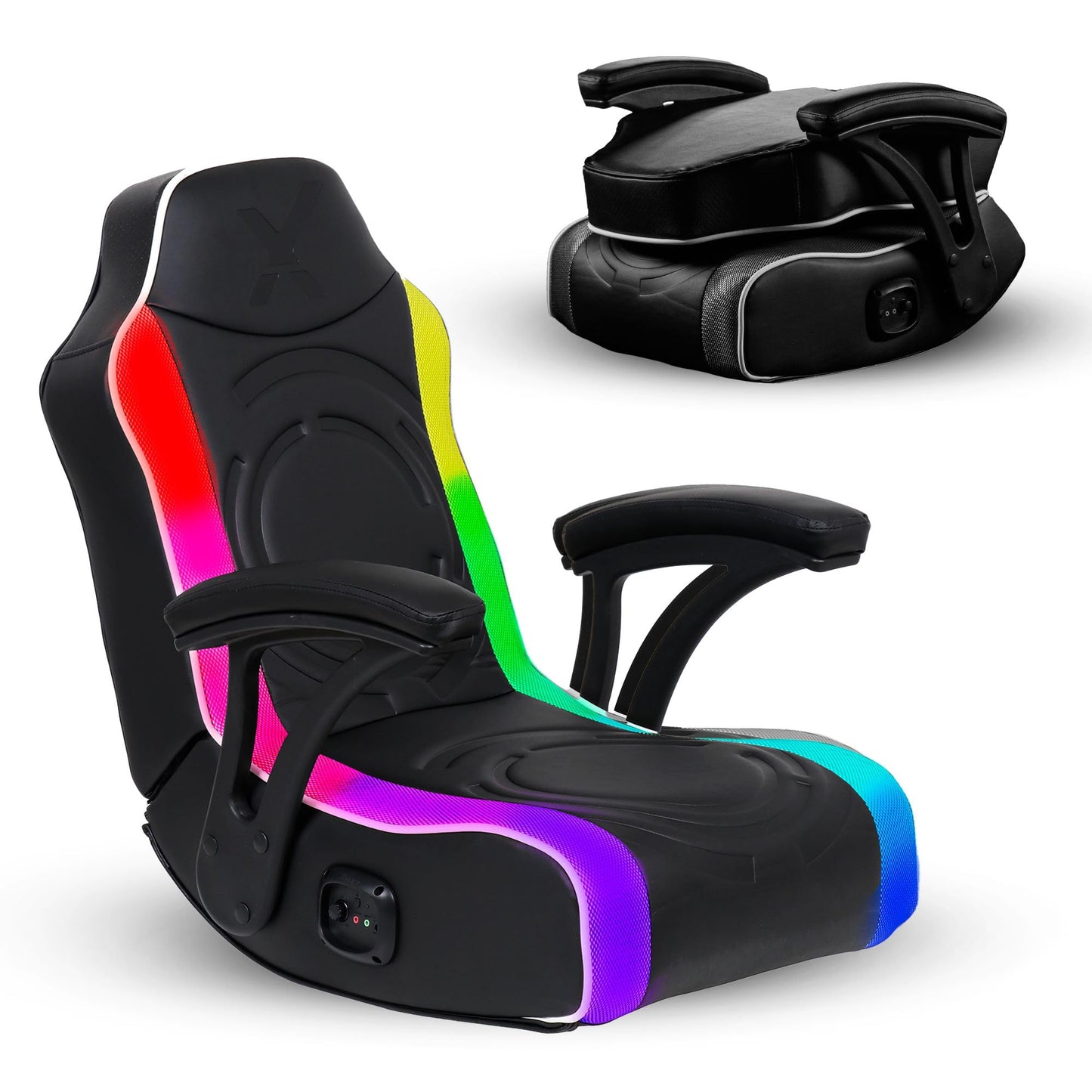 X Rocker Emerald RGB LED Youth Floor Rocking Video Gaming Chair with Headrest Speakers, Armrests, Foldable, Vegan Leather, 200 lbs Max, Amazon Exclusive, Black