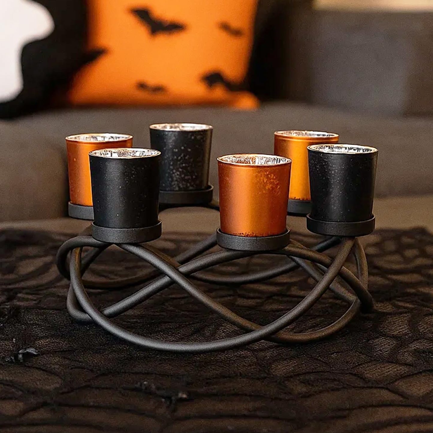 Seraphic Halloween Centerpieces for Decorations - Round Candle Holders for Outdoor Patio, Dining, Kitchen, Coffee & Wedding Table Decor, Black Iron Candelabra, 6 Glass Votive Tealight Cups