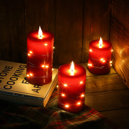 Upinmz Red Flameless Candle with Remote Control and Timer,Flickering Battery Operated Candles with String Lights,LED Pillar Candles,Set of 3