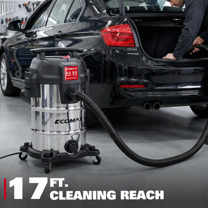 ECOMAX 8 Gallon Ultra-Quiet Shop Vacuum Wet and Dry, Stainless Steel Shop Vac with 80% Noise Reduction, 3X Longer Motor Life, 4 Peak HP Suction, Complete Accessory Kit for Garage, Workshop & Home