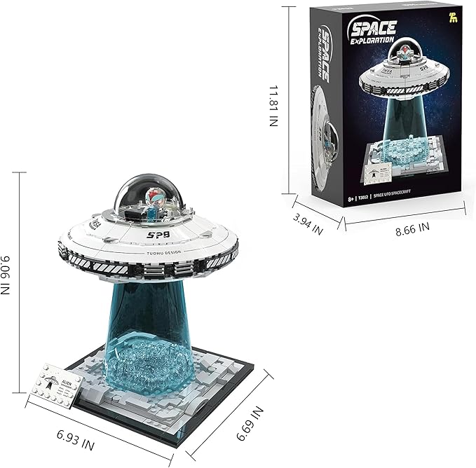 UFO Spaceship Building Block Set Creative UFO&ampAlien Building Set Space Exploration Spaceship Brick Dual LED Lights and Transparent Base Model for UFO Lover CollectionGifts for Ages 8+