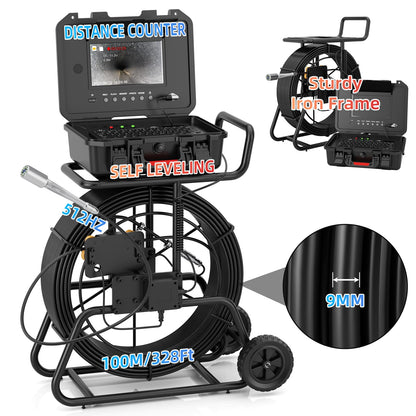 Sanyipace Sewer Camera 328FT/100M with 512Hz Transmitter, Self-Leveling, Drain Plumbing Pipe Inspection Camera with Mic Speaker, DVR Recorder, 16GB TF Card, 9mm Rigid Cable, Pipe Pulley Guide Wheel