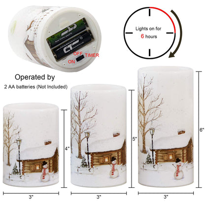 Lasumora Snowman Christmas Flameless Candles with 6H Timer, Real Wax LED Pillar Candles Flickering, Battery Operated Waxy Candles for Home Fireplace Décor Christmas Gifts, 3x4/5/6 inches