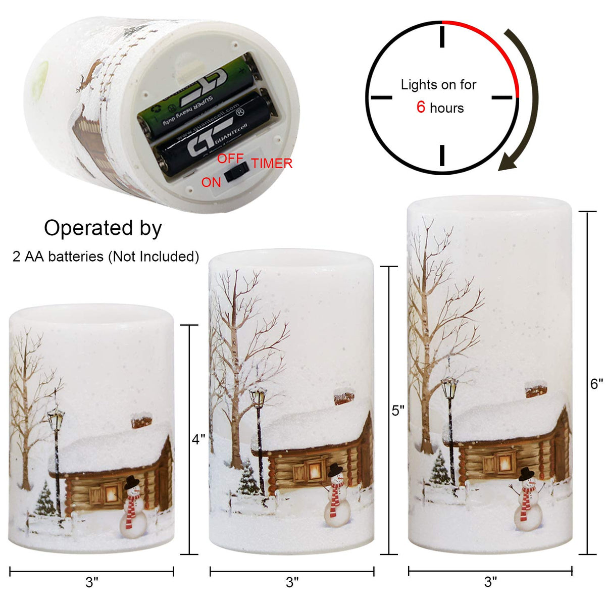 Eldnacele Snowman Christmas Deco Flameless Flickering Candles with Automatical Daily Cycle Timer, White Battery-Operated LED Pillar Candles Snowman Decals 3 Pack (D3” x H 4” 5” 6”)