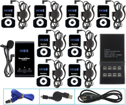 EXMAX® EX-100 Wireless Tour Guide System Translator Device for Courtroom Church Translation Simultaneous Language Interpretation City Tour Travel (1 Transmitter 8 Receivers 16-port Charging Station)