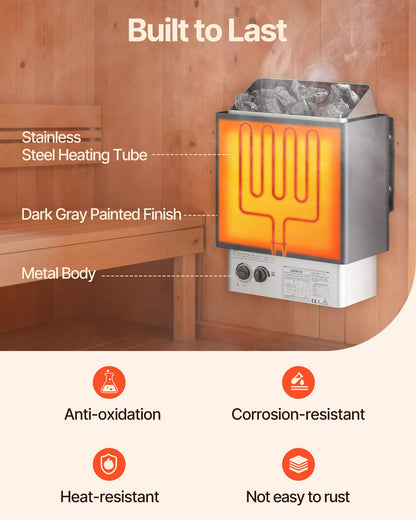 VEVOR Sauna Heater,220V Electric Sauna Stove, Steam Bath Sauna Heate 3h Timer and Adjustable Temp for Max. 176-318 Cubic Feet, Home Hotel Spa Shower Use (6KW) FCC Certification