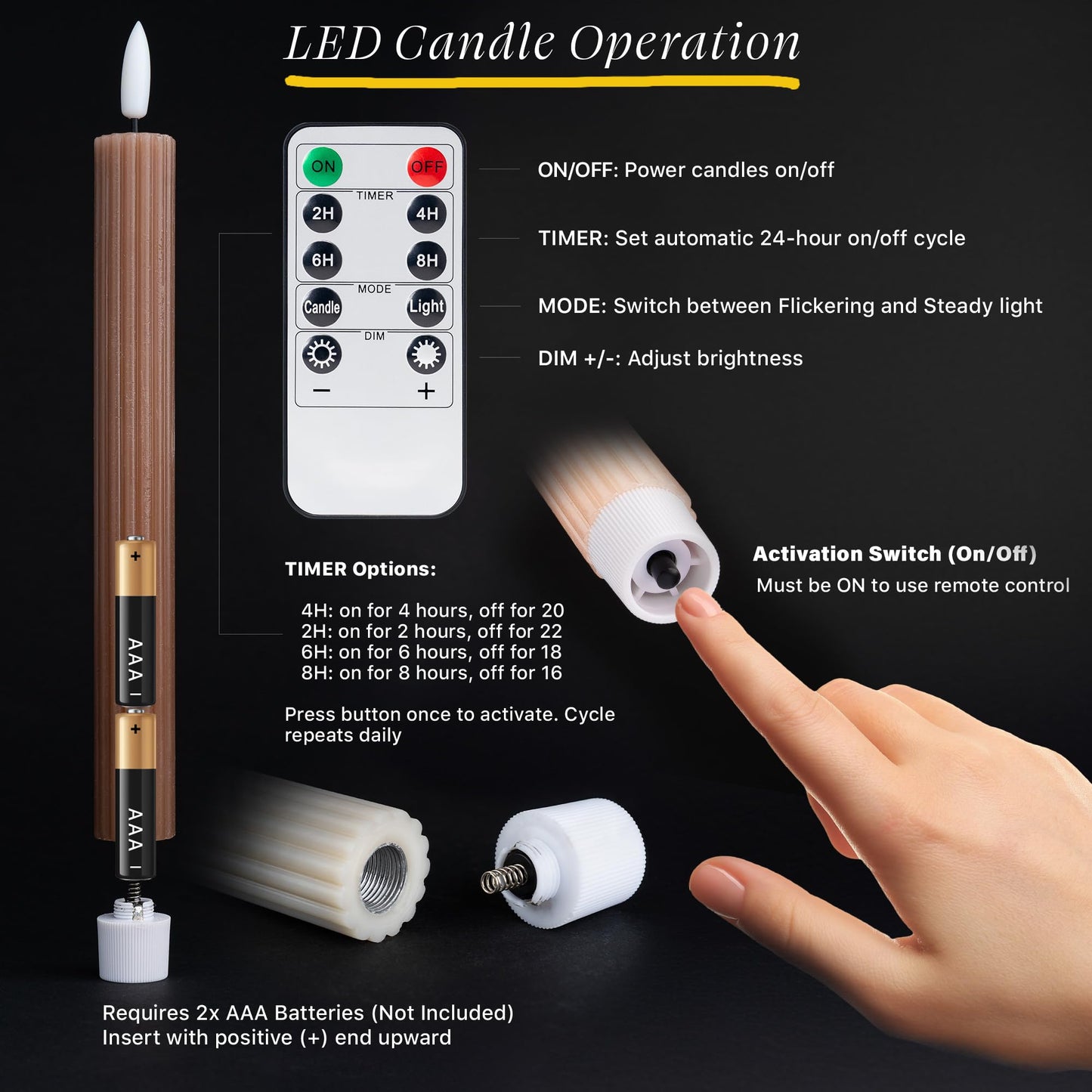 WYZworks Coordinated Chocolatey Mocha Brown 4 Pack, 10" Real Wax LED Flameless Fluted Ribbed Grooved Taper Candles, Remote & Timer Memory, On/Off Button, Dimmable, Battery Operated, Menorah Wedding