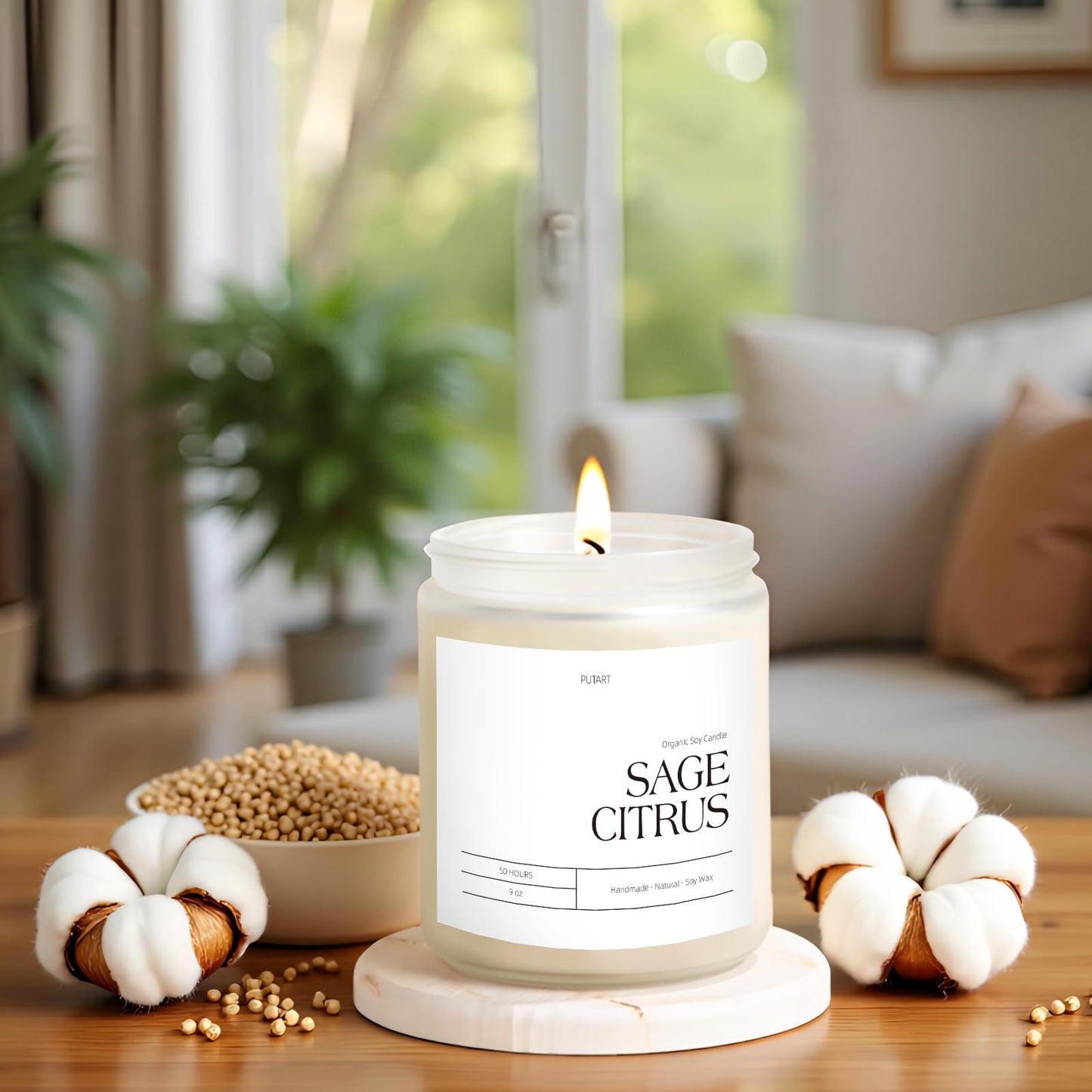 Putart Sage Citrus Candles for Home Scented, 9oz Natural Soy Aromatherapy Non Toxic Candles with Long Lasting Fragrance & Clean Burn, Luxury Jar Candle Gift for Women, Men, Home Decoration, White