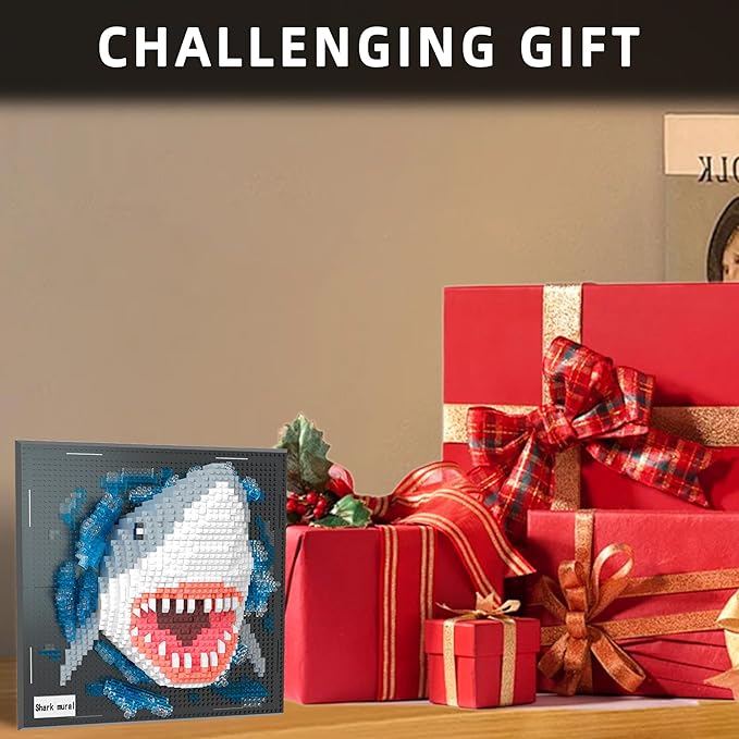 Mini Building Blocks Set Shark Mural - 3D Cute Animal Wall Art Shark Craft Kit Micro Mini Block Bricks Creative Ideals Building Toy Collectible Architecture Decoration Party Favor for Adult 2166PCS
