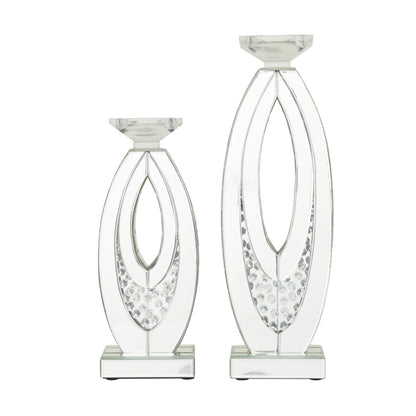 Deco 79 Glass Decorative Candle Holder Pillar Candle Stand with Mirrored Accents and Crystals, Set of 2 Candlestick Holder 17", 13" H, Silver