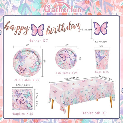 Butterfly Birthday Party Supplies Disposable Paper Plates Napkins Cups Tablecloth and Banner for Butterfly Girl Party Birthday Decorations Serve 25