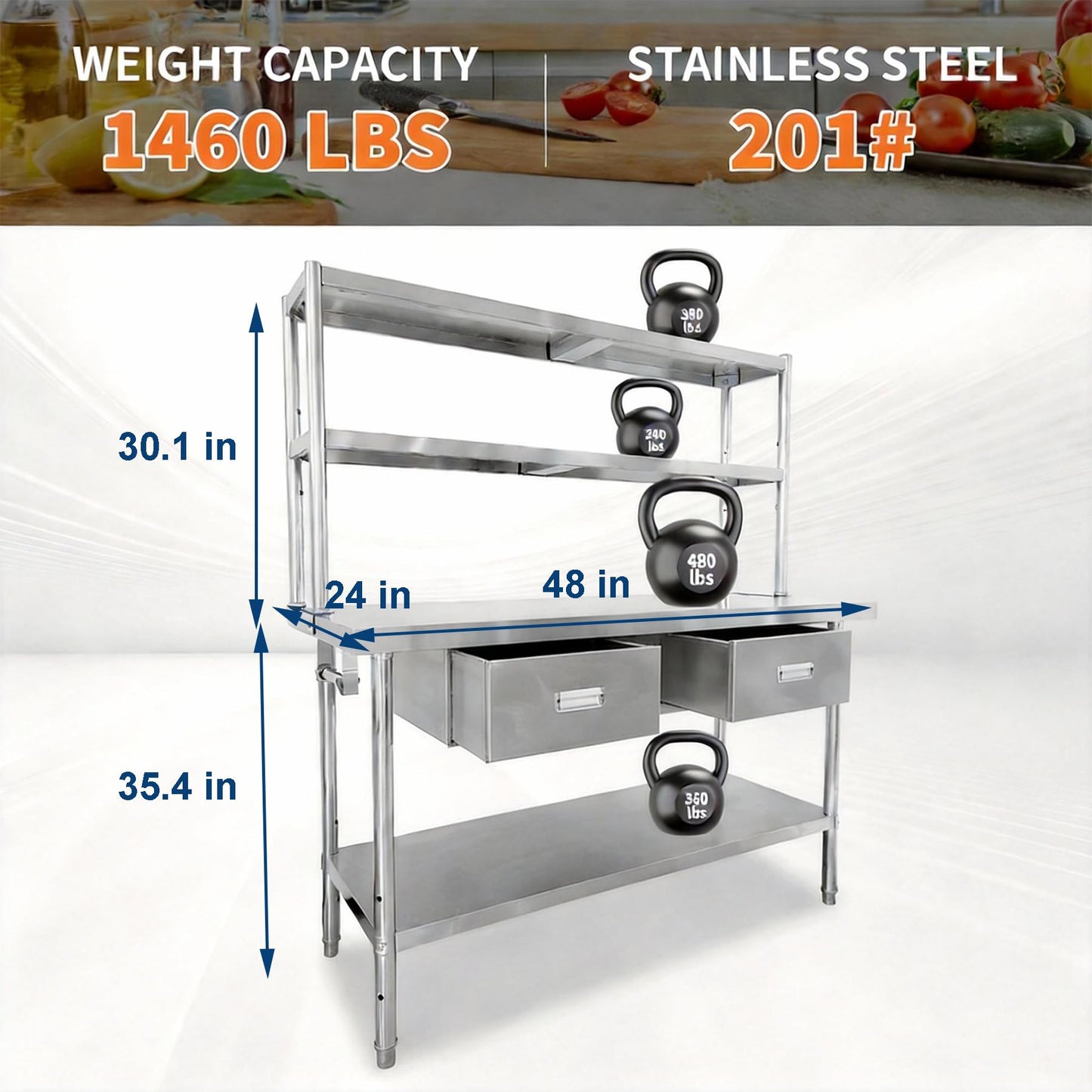 Garvee Stainless Steel Table with Shelves and Drawers, 48" X 24" Commercial Work Tables with 2-Tier Overshelves, Metal Kitchen Prep Table for Home Restaurant Garage, Commercial Workbench
