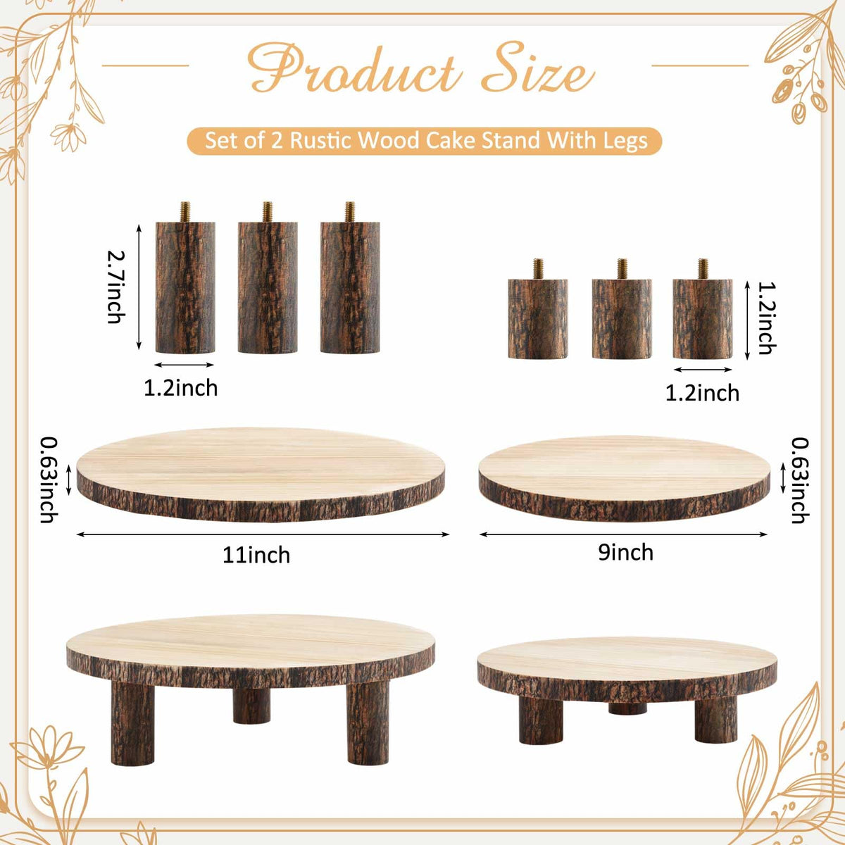Roowest 2 Sets Wood Cake Stand, 9'' and 10'' Rustic Wooden Slice Boards Round Cake Holder for Party Wedding Birthday Event Farmhouse Dining Room Table Decor Centerpieces Home Decorations