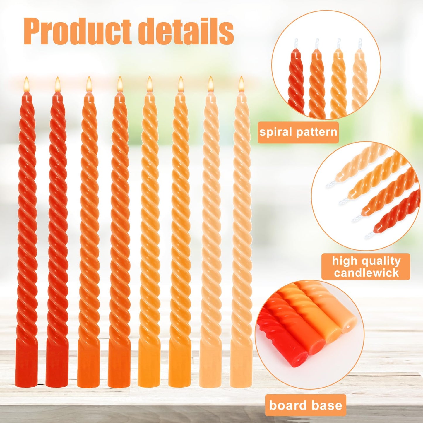 Whaline 12Pcs Fall Gradient Orange Spiral Taper Candles 10 Inch Dripless Twisted Wax Candles Long Unscented Candle Sticks Autumn Halloween Party Home Dining Table Decor