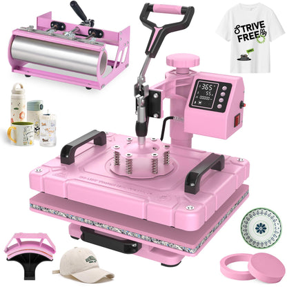Seeutek Heat Press 5 in 1 Heat Press Machine 12x15 Inch Sublimation T Shirt Pressing with 30OZ 20OZ Tumbler Heat Press 360° Swing Away Heat Transfer Combo for T-Shirts, Hats, Mugs, Plates - Pink