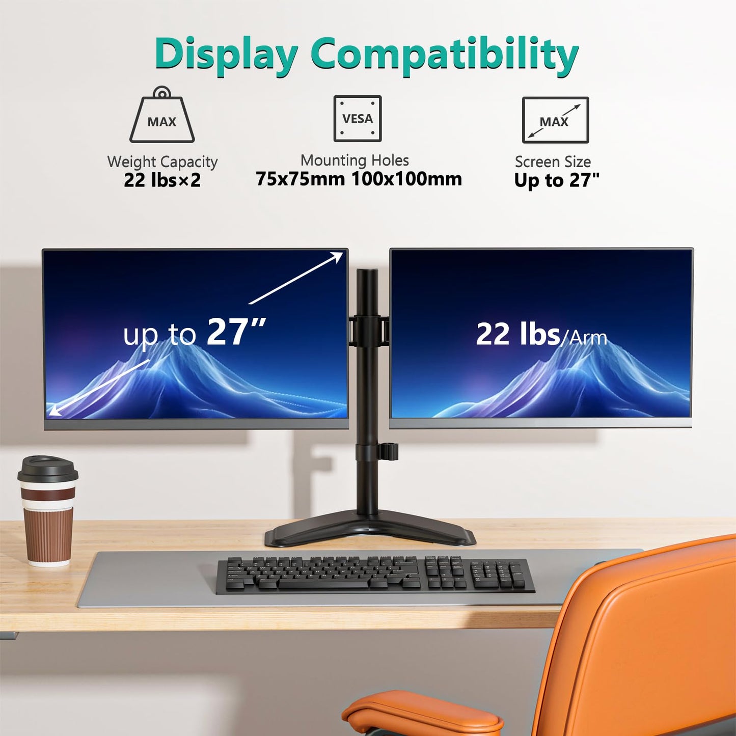 WALI Dual Monitor Stand for Desk, Monitor Stands for 2 Monitors up to 27 inch, Dual Monitors Mount Fits up to 22lbs, Free Standing Full Motion Dual Monitors Arm for Desk (MF002), Black