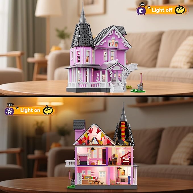 Pink Girls House Building Set with Light Haunted House Construction Building Toys Architecture Building Kit for Adults Compatible with Lego Halloween for 14+ (1537 PCS)