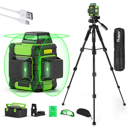 Huepar Laser Level 360° with Tall Tripod, Self Leveling Rechargeable Lazer Leveler for Construction and Picture Hanging, Nivel Laser with Pluse Mode for Outdoor, Hard Carry Case, 50" Tripod, Glasses