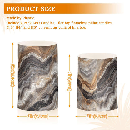 ZRYSMY Abstract Brown Gray Marble Flameless LED Candles with Remote - Set of 2, 3 Inch Battery-Operated Flickering Pillar Candles with Timer, No Batteries Included