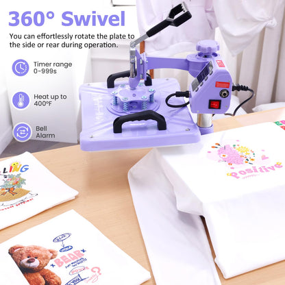 AKEYDIY Upgraded 8 in 1 Heat Press Machine for Tshirts 12X15 Inch, 360° Swing Away Shirt Press Machine for Sublimation, Multifunctional Heat Transfer Machine Combo for Shirts (Purple-8 in 1)