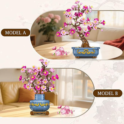 HOGOKIDS Flowers Cherry-Blossom Bonsai Building Set - 2 in 1 Artificial Bonsai Tree Plants for Home Decor &amp Display Cherry Botanical Building Blocks Birthday Easter Gift for Adults Teens (775PCS)