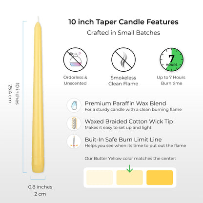 Butter Yellow Taper Candles 10 Inch, 12 Pack - Unscented Dripless Dinner Candles, 7 Hour Burn Time, Premium Solid Wax Candlesticks for Weddings, Parties, Events & Home Decor. Dripless Candlesticks