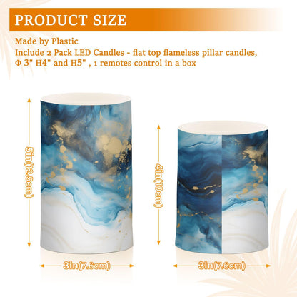 BOENLE Flickering Flameless Candles, Marble Navy Blue LED Candles with Remote Timer, Set of 2 Battery Operated Candle for Valentine Wedding Birthday