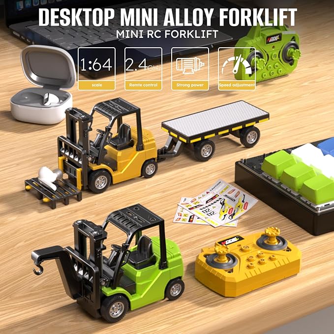 1/64 Full Proportional RC Forklift Toy10 Channel 2 Mode Mini Remote Control Forklift Truck with Flatbed Tow Truck 3 in 1 Transformable Lift Fork &amp Hook &amp Trailer with Lights &amp Sounds for