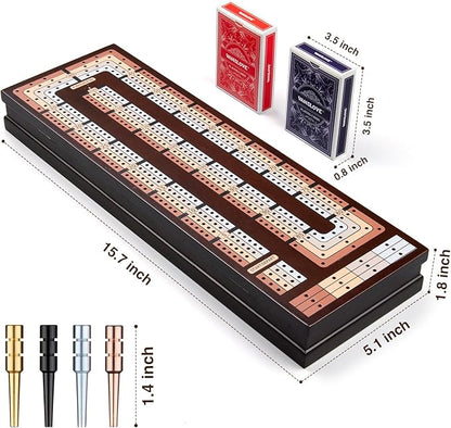 VAMSLOVE Upgraded Wooden 4-Track Cribbage Board Game Magnetic Scoreboard with Large Slots for Storing 2 Playing Cards and 12 Metal Pegs Travel Family Game Night (Instruction Included)