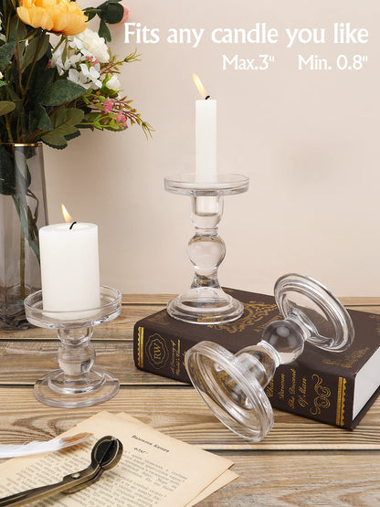 Lewondr Glass Candle Holders, 3 Pieces Crystal Clear Candlesticks with Elegant Design for Pillar Taper Candle and Tea Light, Home Table Living Room Wedding Party Decorations Home Décor - Clear