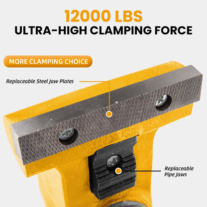 Forward 1765A Heavy Duty Bench Vise 12,000LBS Clamping Force, 6.5 Inch Ductile Iron Industrial Vice with Machined Round Guide Bar and 360° Swivel Base, 6-1/2" Jaw Width, 6-1/2" Max Jaw Opening