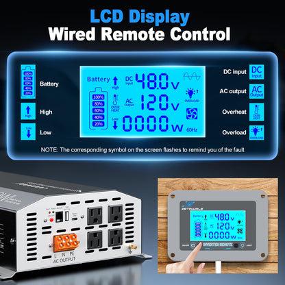 2500W Pure Sine Wave Inverter 48V DC to 110V/120V AC Converter, 5000W Peak, High-Efficiency Off-Grid Solar Power Inverter, 4 AC Outlets, USB & Type-C, LCD Remote Control