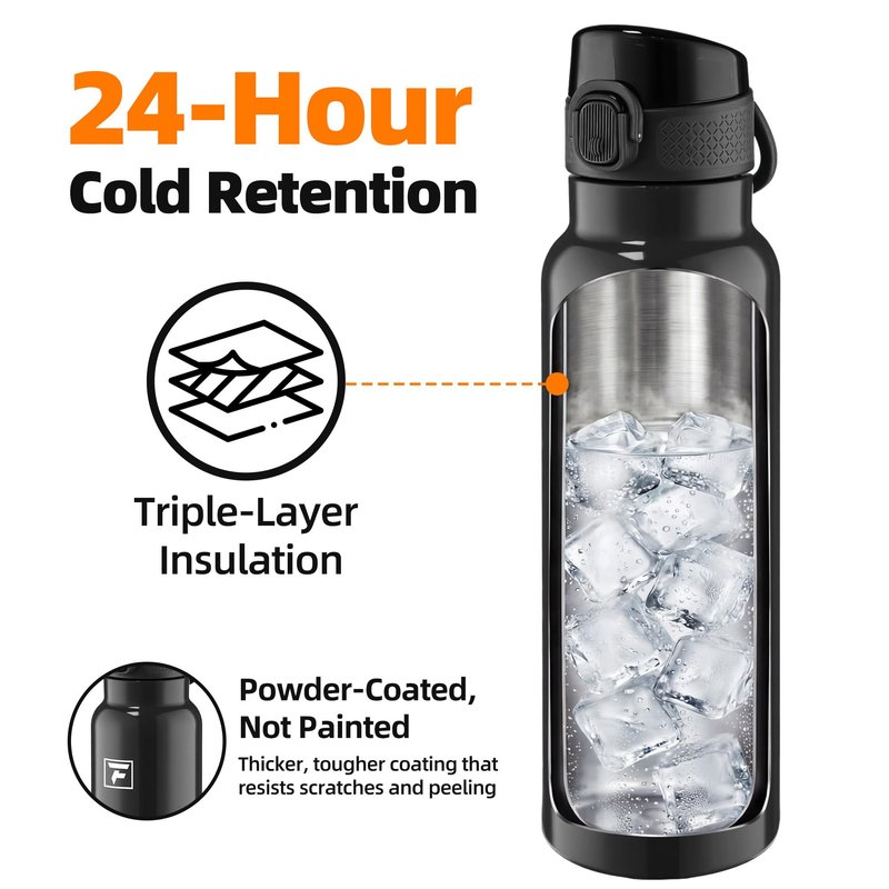 Fanhaw Daylite Series 24 oz Stainless Steel Insulated Water Bottle with Silicone Spout Lid, Double-Wall Vacuum Leakproof Metal Bottle, Anniversary Birthday Gift for Kids, Women & Men (Glossy Black)