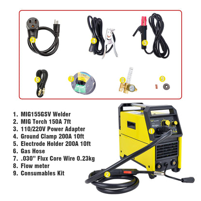 Weldpro 155 Amp MIG Welder, 110V/220V 3 in 1 Welding Machine, Flux Core MIG/Gas MIG/MMA/Stick Welder, Welder Machine with Synergy, IGBT Inverter Portable Welder Equipment for Beginner