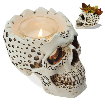 Skull Candle Holder Planter Gothic Halloween Decor Day Dead Skull Gift Goth Home Accessory-5.9” with Votive Tealight