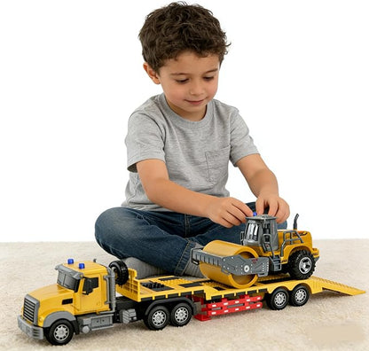 Remote Control Semi Truck with Trailer -24 Inch RC Semi-Trailer Engineering Tractor with Road Roller Toys1:24 Truck with LED Lights &amp Music Great Gift for Boys Girls