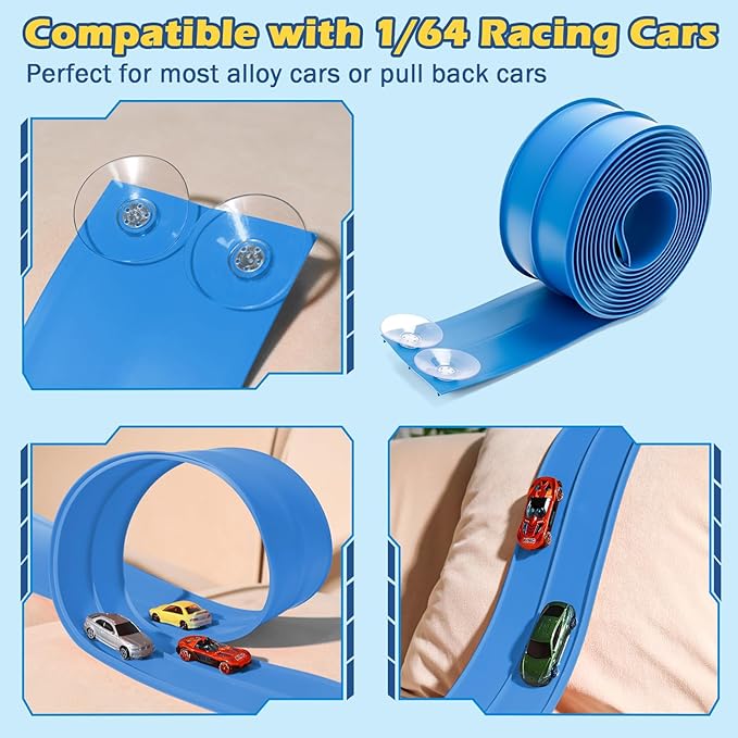 Flexible Race Track 15 Ft Starter Set Flex Tracks for Kids 3+ with Strong Suction Cups Flexible Car Race Ramp Track Compatible with Hot Wheels and Diecast 1/64 Cars Portable Rolls Up Race Tracks