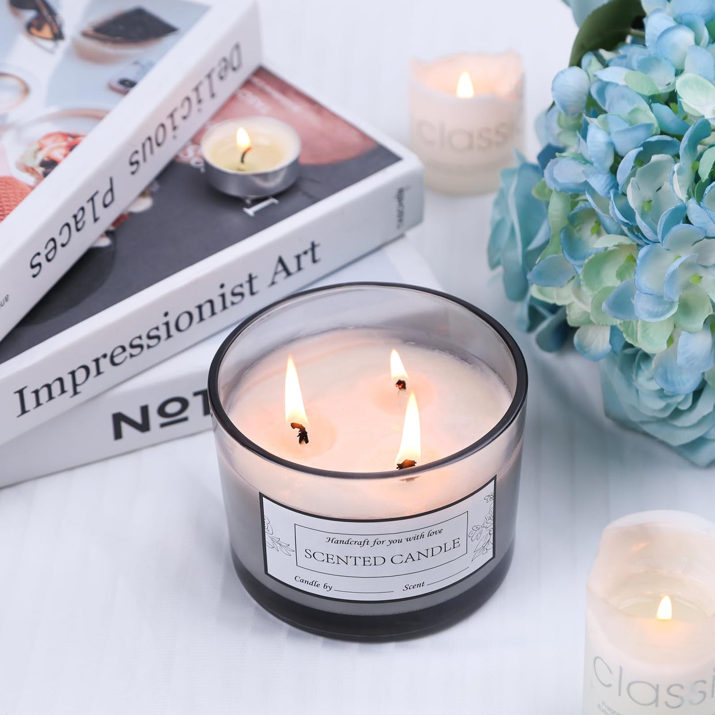CONNOO 6-Pack 16 oz Candle Jars - 3-Wick Gray Empty Wide Mouth Glass Candle Jars Come with Bamboo Lids, Sticky Warning Labels, and a Candle Wick Kit for Candle Making - Dishwasher Safe