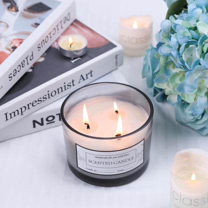 CONNOO 6-Pack 16 oz Candle Jars - 3-Wick Gray Empty Wide Mouth Glass Candle Jars Come with Bamboo Lids, Sticky Warning Labels, and a Candle Wick Kit for Candle Making - Dishwasher Safe