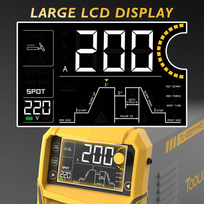 TOOLIOM 200A TIG Welder with Pulse, 4 in 1 Multifunctional TIG Welding Machine DC TIG/Spot TIG/Pulse TIG/Stick 110&220V Dual Voltage with Large Digital Display