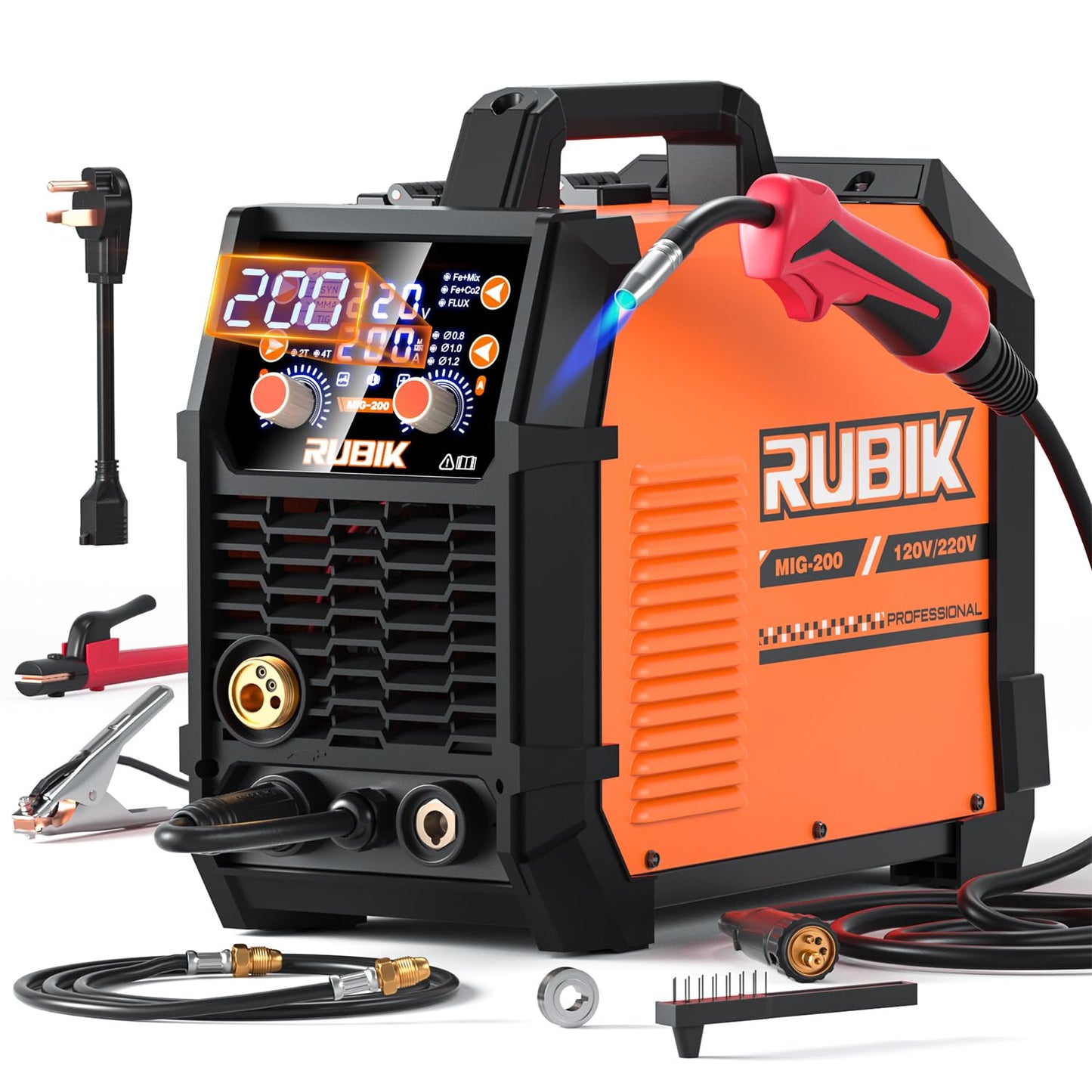 RUBIK MIG Welder,200 Amp 5 in 1 Flux Core Welder,Gas MIG/Gasless Flux Core MIG/Stick/Lift TIG/Spot welding/Spool Gun 110V/220V Aluminum Multi Process Welding Machine with Large LED Digital Display